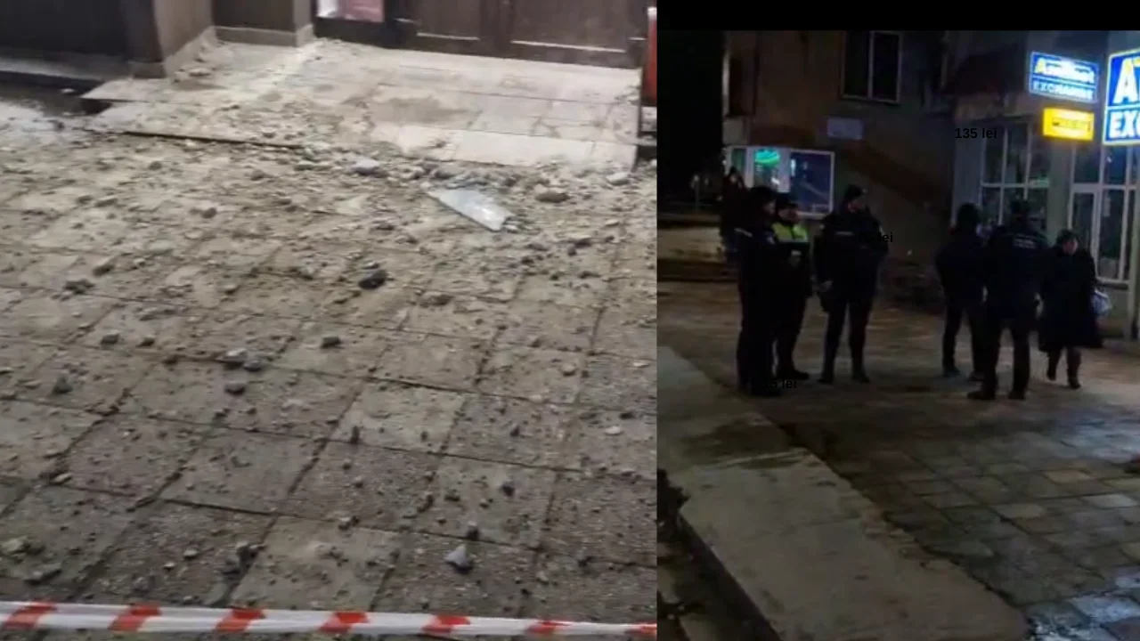 Tencuială căzută de pe un bloc din Suceava: Bucăți de beton s-au prăbușit la intrarea unui magazin din Burdujeni
