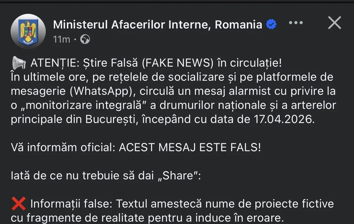 Ministerul Afacerilor Interne: Mesajul despre „monitorizarea integrală a drumurilor” este fals